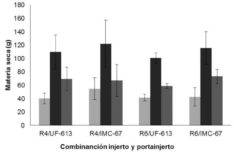 Contenido promedio de materia seca en la mazorca y sus partes en los clones CATIE-R4 y CATIE-R6 injertados en patrones de los clones UF-613 y IMC-67, para determinar su extracción de nutrientes en la localidad de Turrialba. Costa Rica. Octubre, 2014.