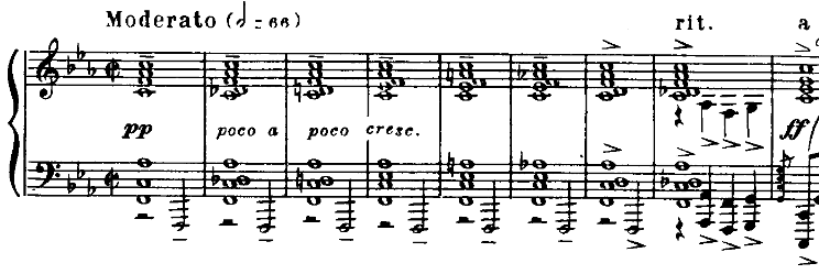 Primeros 9 compases del Concierto para Piano n.o 2 op.18 de
Sergei Rachmaninoff. Imagen tomada de la partitura en IMSLP.