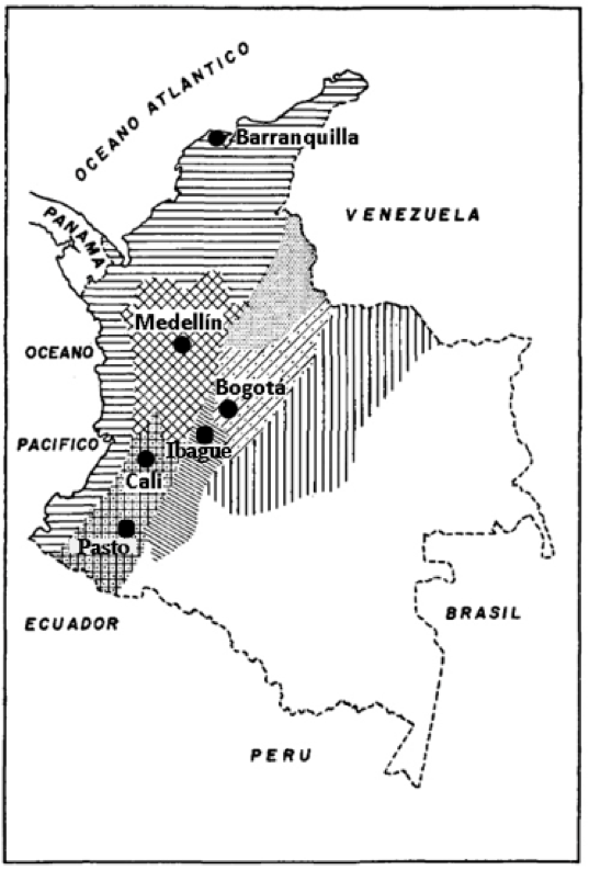 Localidades en Colombia. Imagen tomada y adaptada de Flórez (1961)