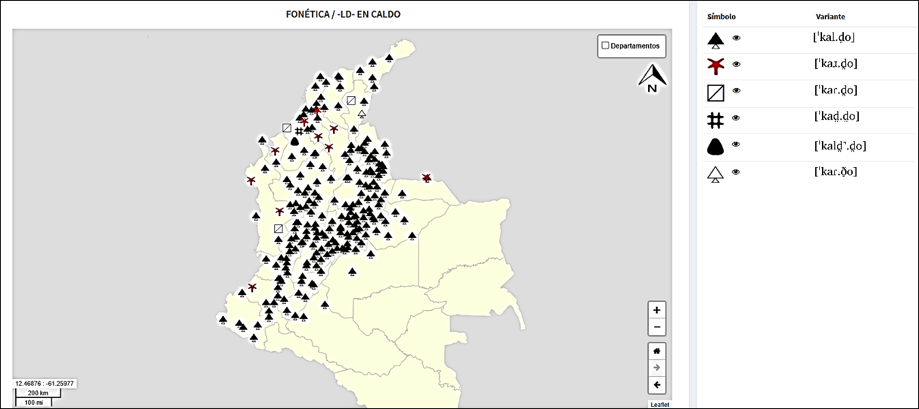 Distribución diatópica de las variantes de pronunciación del fonema lateral alveolar en final de sílaba para el término caldo