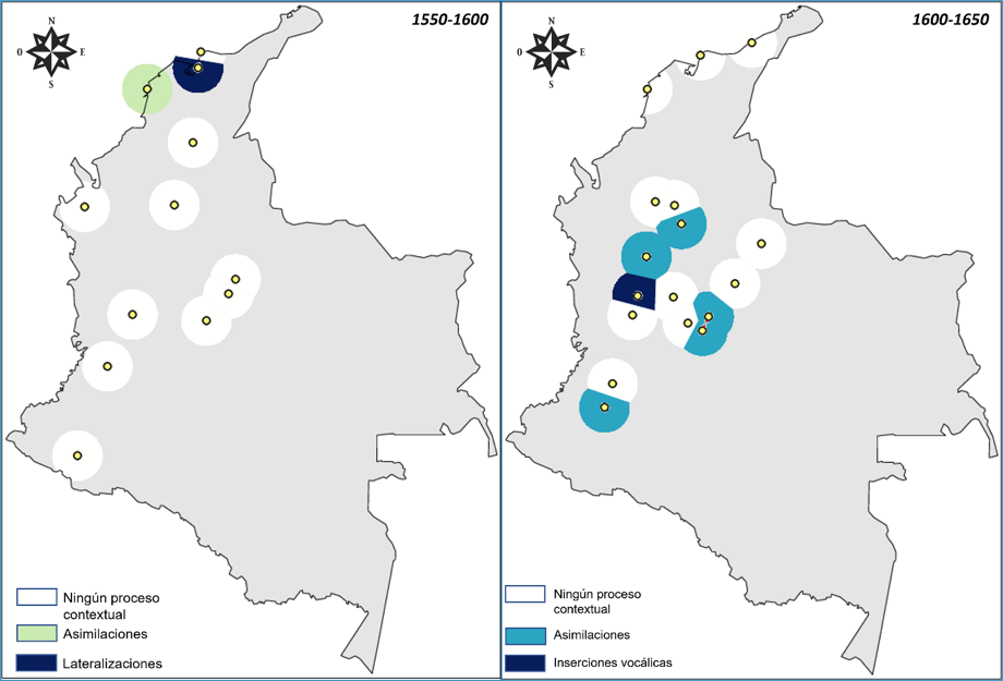 Distribución diatópica de los vestigios de procesos fonológicos contextuales sobre consonantes líquidas en final de sílaba. Izquierda: intervalo de 1550-1600. Derecha: intervalo de 1600-1650
