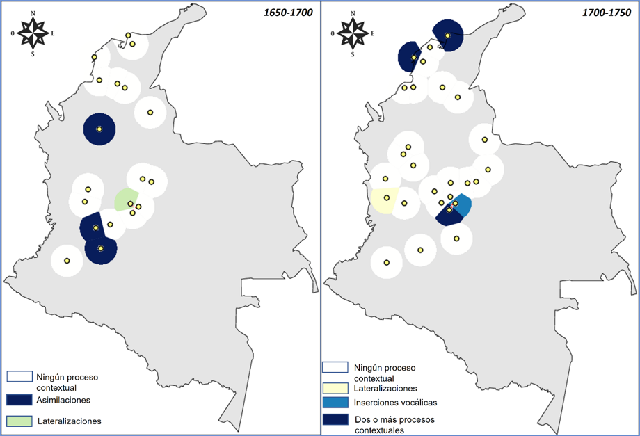Distribución diatópica de los vestigios de procesos fonológicos contextuales sobre consonantes líquidas en final de sílaba. Izquierda: intervalo de 1650-1700. Derecha: intervalo de 1700-1750