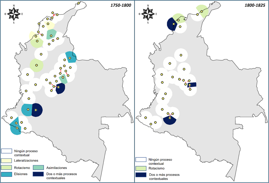 Distribución diatópica de los vestigios de procesos fonológicos contextuales sobre consonantes líquidas en final de sílaba. Izquierda: intervalo de 1750-1800. Derecha: intervalo de 1800-1825
