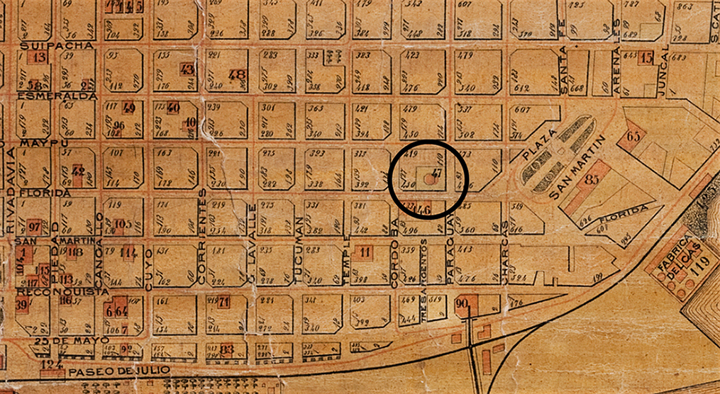 Detalle de un mapa de Buenos Aires publicado con motivo de la Exposición Continental de 1882. El número “47” designa al Jardín Florida –referenciado como “jardín concierto”–. Esta representación cartográfica incluye la ilustración del gran pabellón ubicado en el centro del jardín. Biblioteca Nacional Mariano Moreno. Colección de mapas, código MA003892.