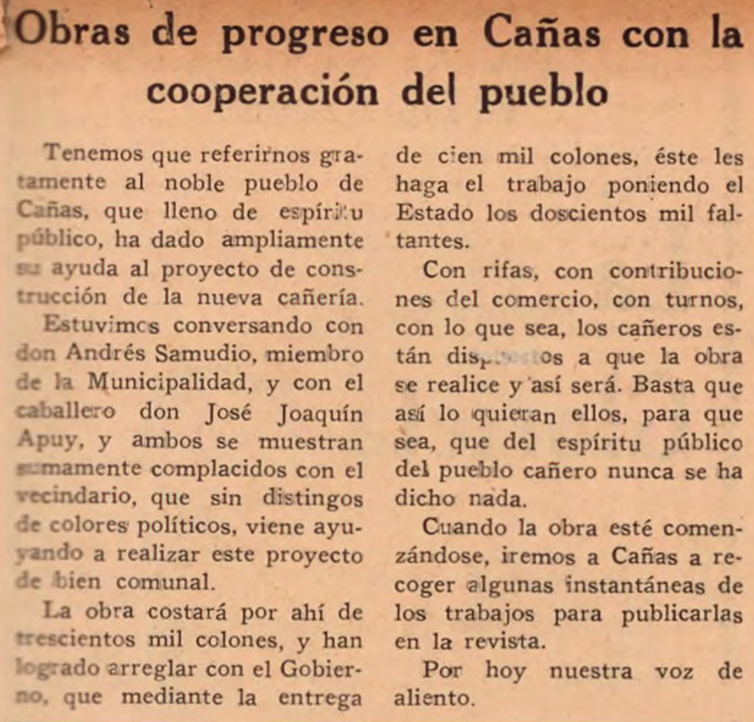 Nota de prensa “Obras de progreso en Cañas con la cooperación del pueblo”