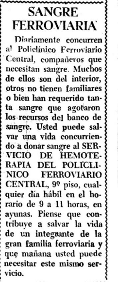 Pedido de donación de sangre publicado en la prensa del gremio Unión Ferroviaria