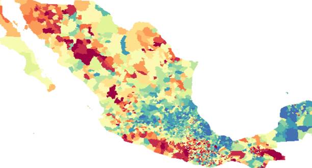 Distribución de la probabilidad posterior p(ζi>1|y) municipal. México, 2020