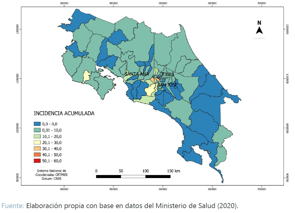 Mapa de IA por cantón, Costa Rica, 2011-2018 (casos por cada 100 000 habitantes)