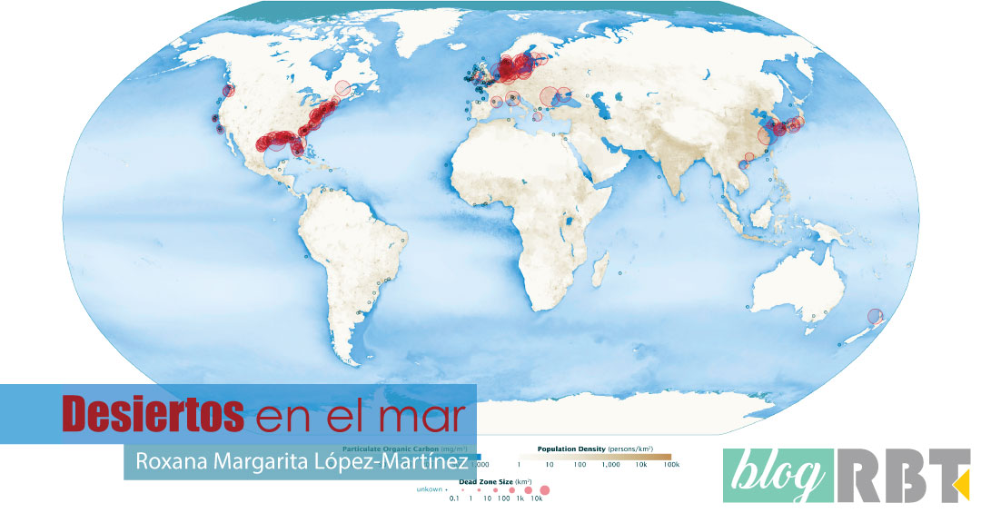 Mapa mundial de zonas muertas acuáticas. Fuente: Robert Simmon & Jesse Allen, NASA (Dominio público)