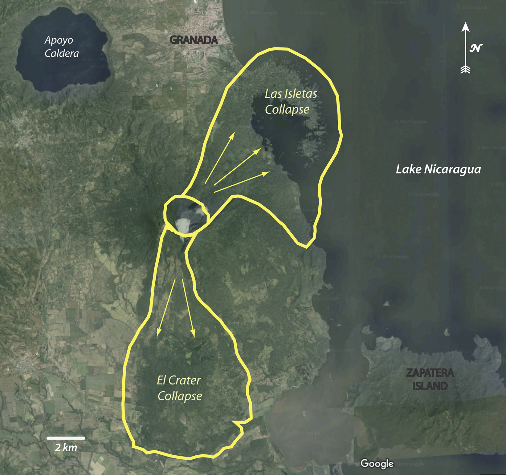 Approximated debris avalanche fields for the Las Isletas and El Crater flank collapse events at Mombacho volcano