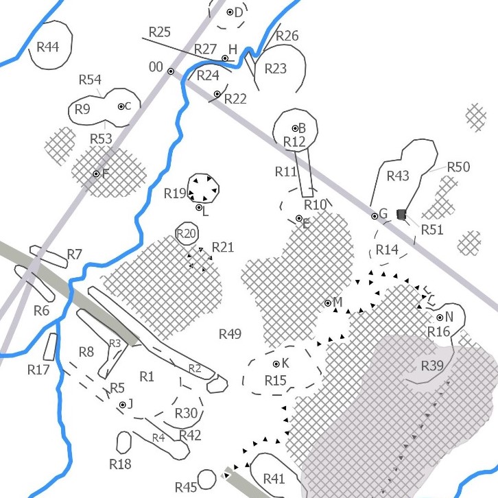 Extracto del plano del casco arquitectónico del sitio arqueológico Las Mercedes. Autor: Ricardo Vázquez (Vázquez y Rosenswig, 2016, p. 120), redibujada por Andrés Cornejo.