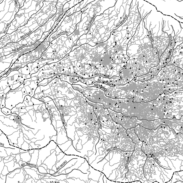 Sección de la cuenca del río Virilla, sitios arqueológicos y desarrollo urbano actual