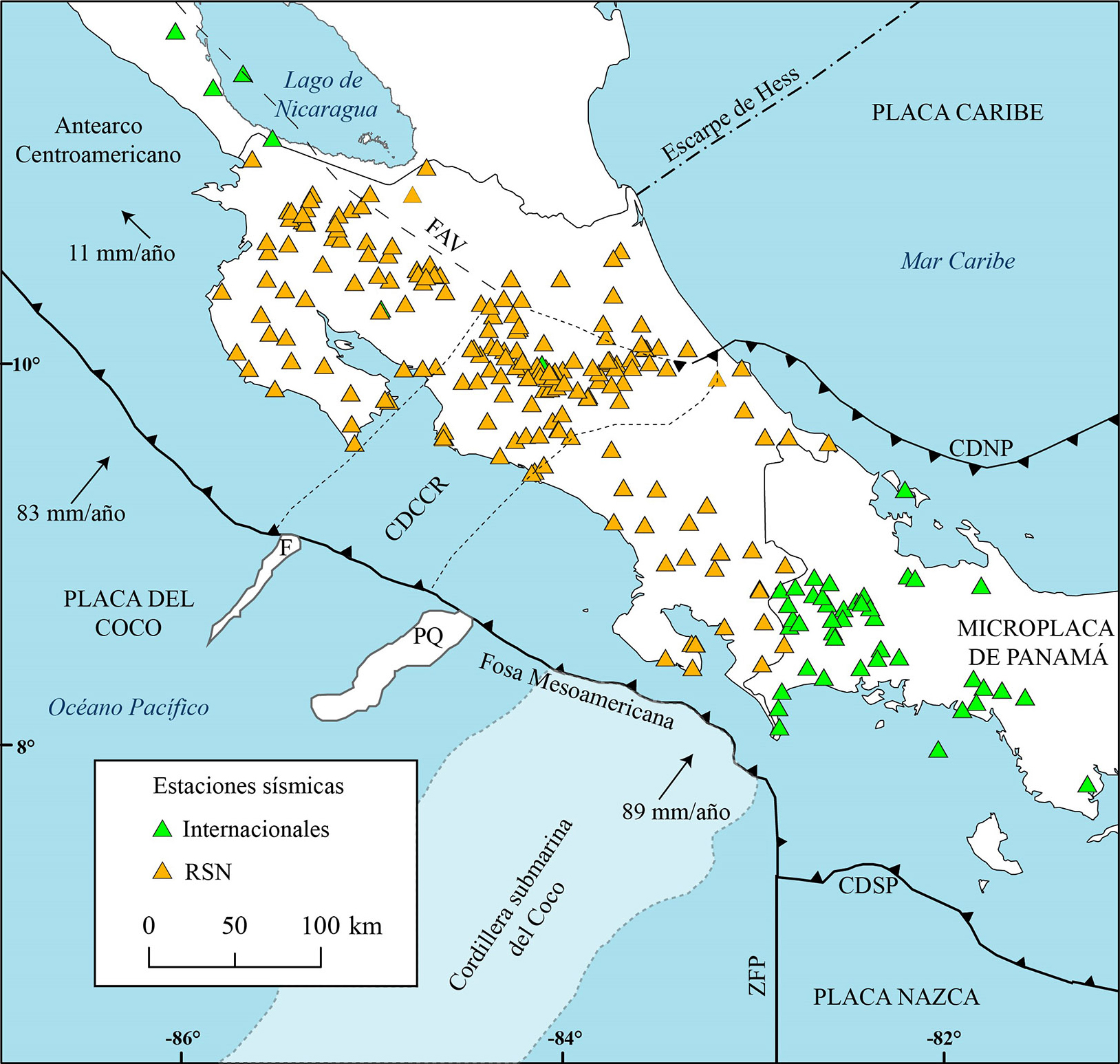 Mapa de los principales rasgos tectónicos de Costa Rica y las estaciones de la Red Sismológica Nacional (RSN: UCR-ICE) durante el año 2021