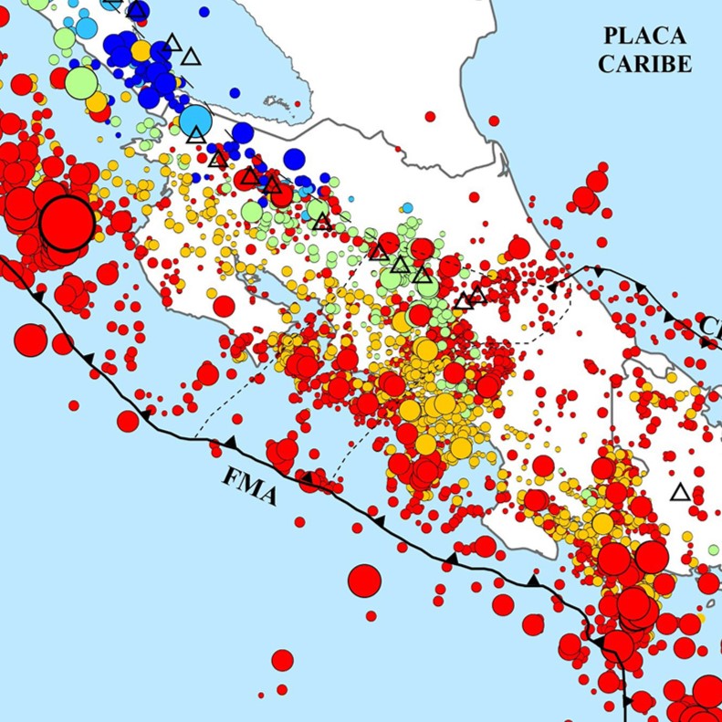 Epicentros (círculos) de los sismos localizados por la RSN durante el año 2024 en la región de Costa Rica